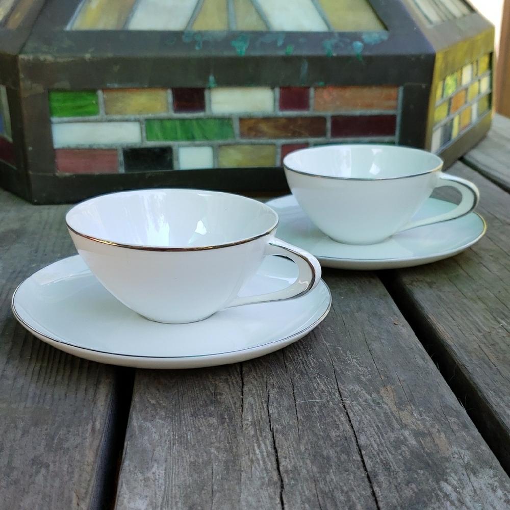 4 pcs Vintage Sango Silver Snow Fine China Platinum Coffee Cups and Saucers Set